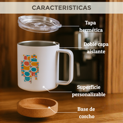 Taza Térmica Personalizada De Acero Con Tapa Y Base De Corcho 330 ml