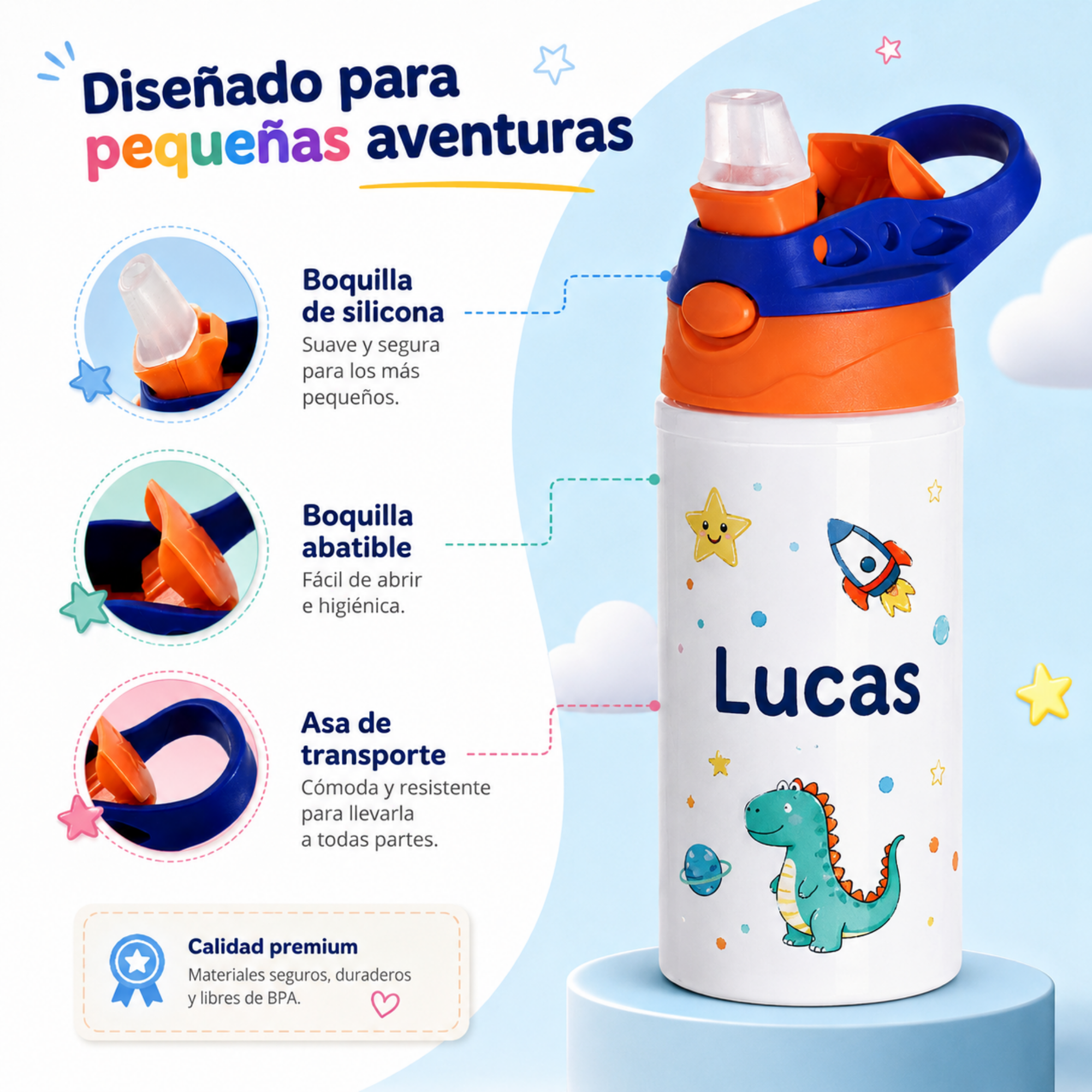 Botella Infantil con Boquilla de silicona Personalizable - Resistente, Ergonómica y Duradera