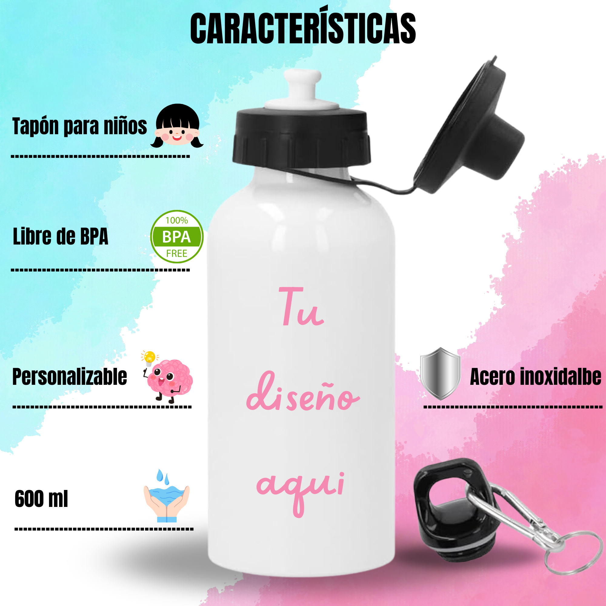 Botella Personalizada con Doble Tapón 600 ml – Hidratación con Estilo Único