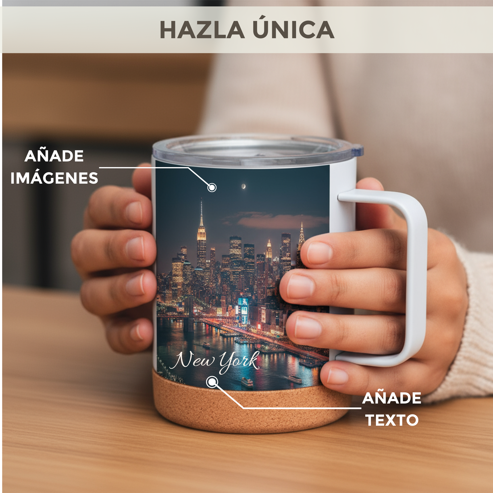 Taza Térmica Personalizada De Acero Con Tapa Y Base De Corcho 330 ml