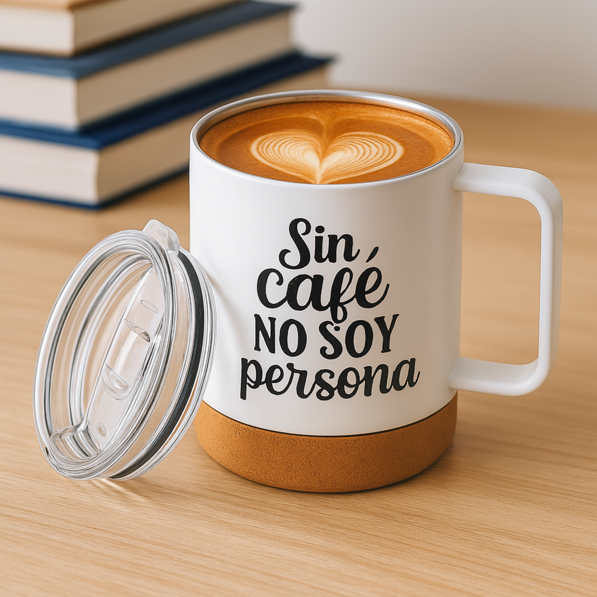 Taza Térmica Personalizada De Acero Con Tapa Y Base De Corcho 330 ml